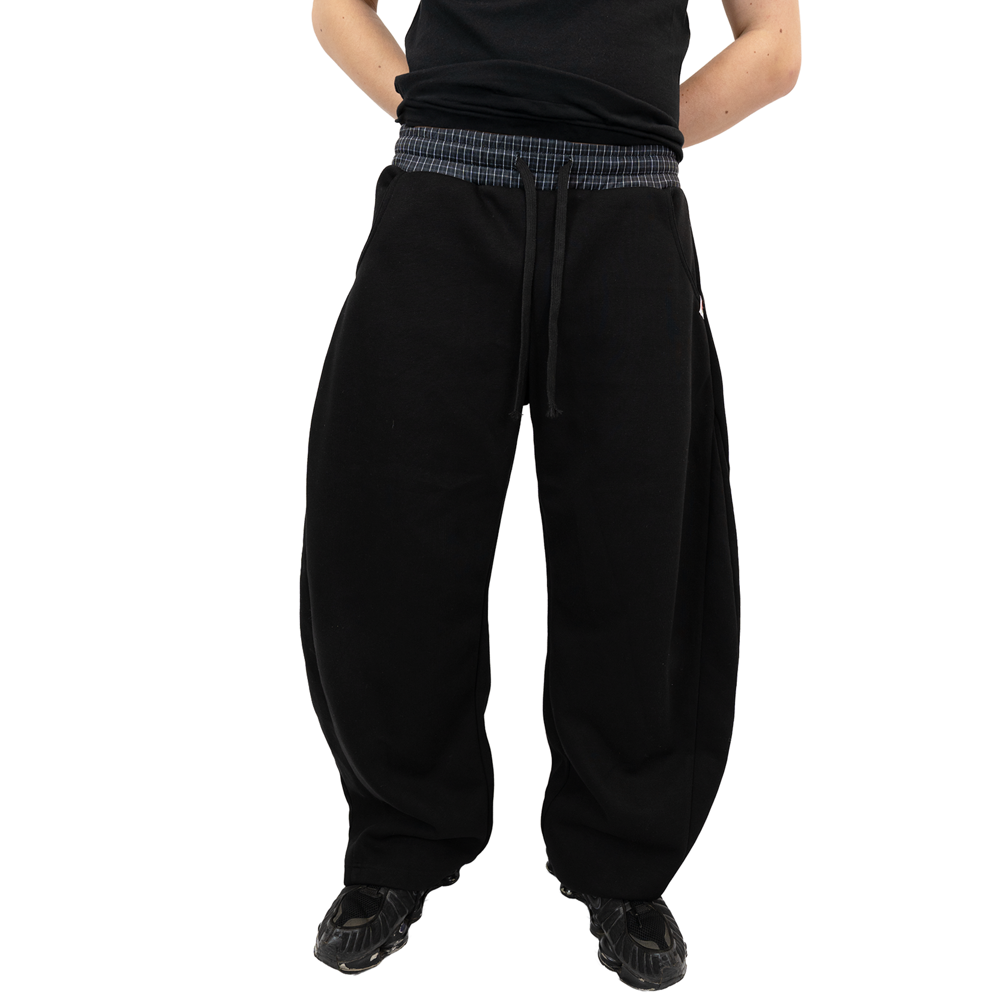 Black - Lads Plaid Waistband Wide Leg Sweatpants