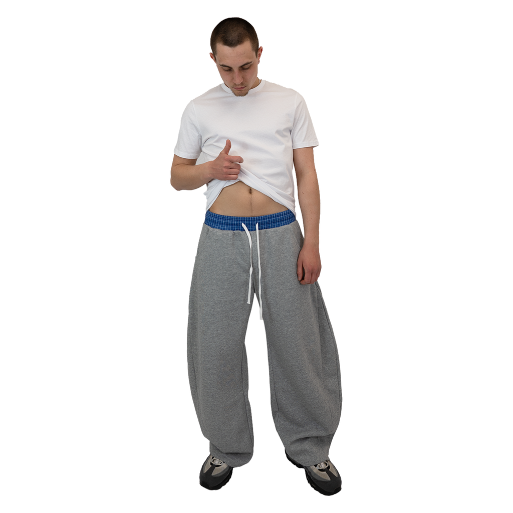 Grey - Lads Plaid Waistband Wide Leg Sweatpants